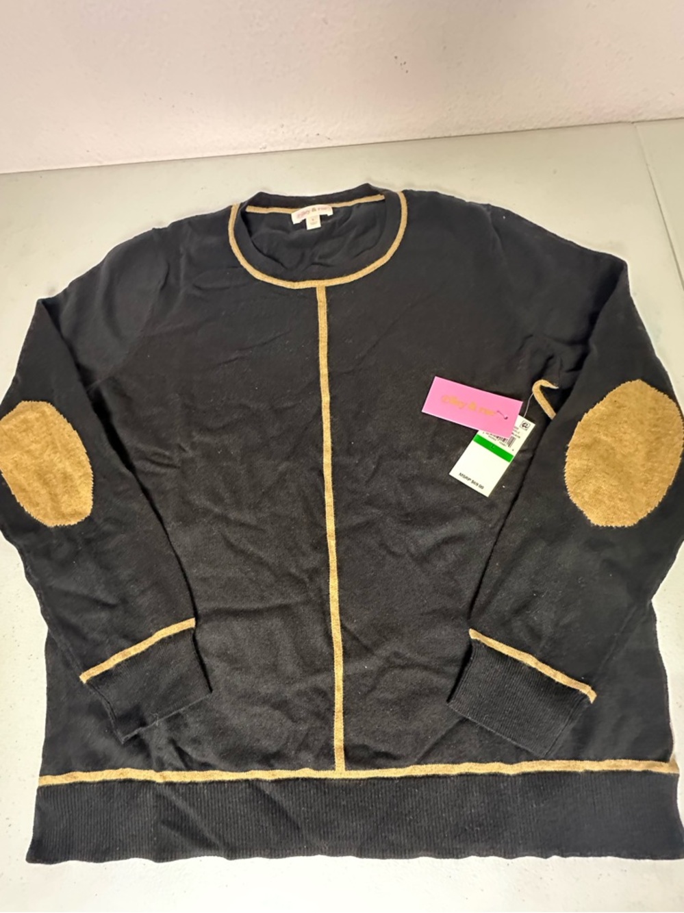 Riley & Rae Black Crewneck Sweater with Tan Trim and Elbow Patches